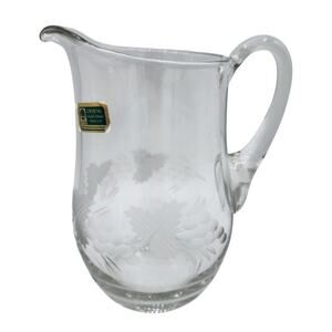 Vintage German Lausitzer Glas Etched Glass Crystal Handled Pitcher, Grape Leaf